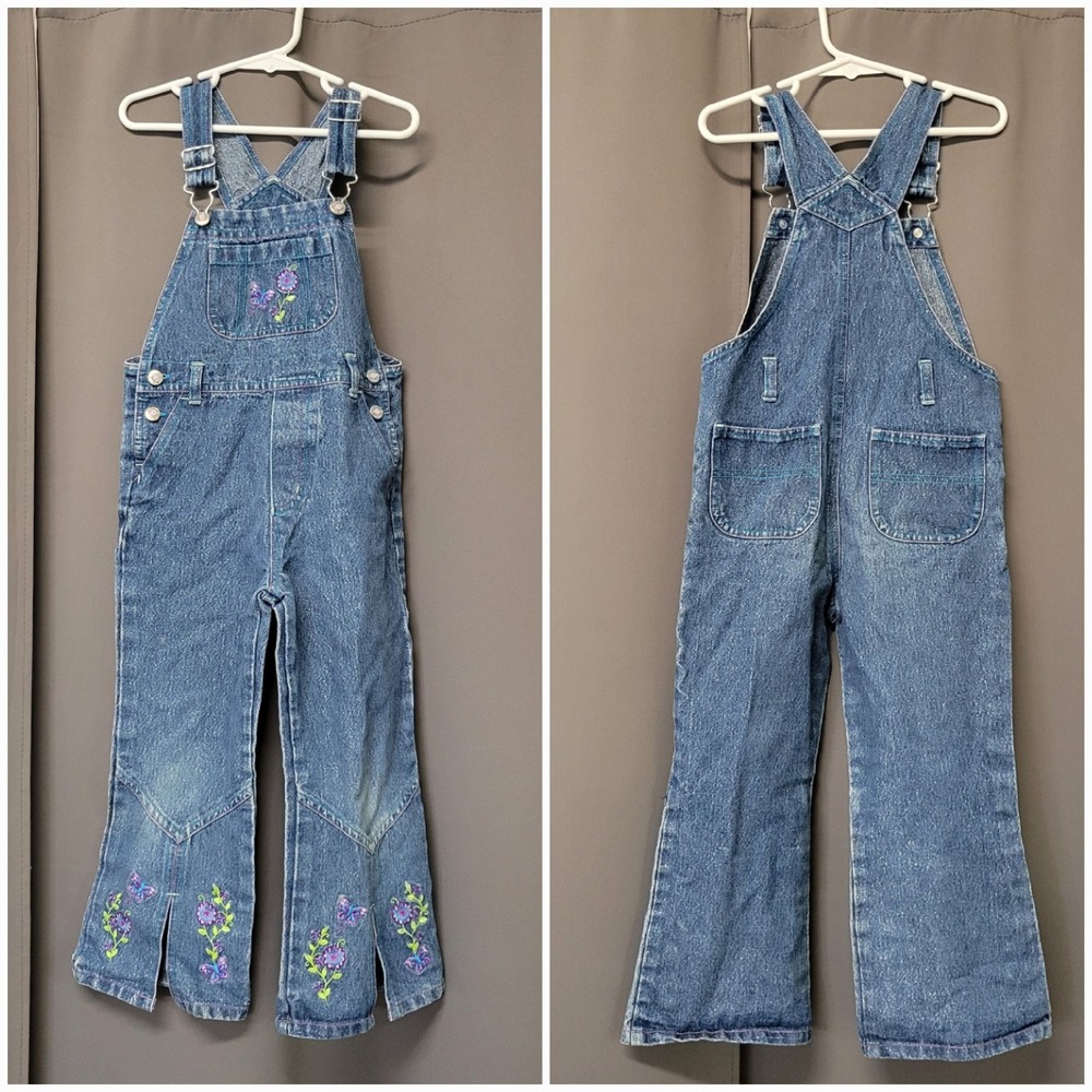 Vintage 90s y2k Girls Denim Overalls Blue Butterfly Floral Embroidered Sparkle 5 - Picture 2 of 8